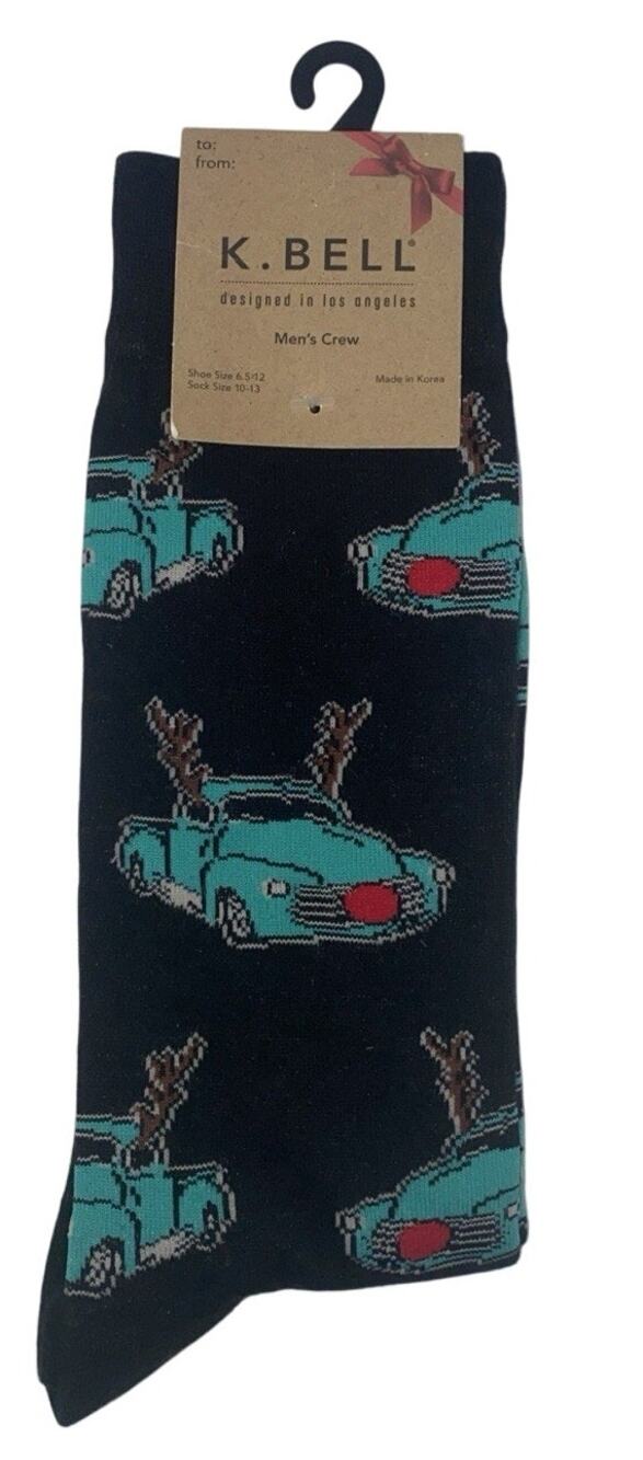K Bell Mens Crew Socks Black Sz 10-13 Truck Rudolph Print New Shoes Sz 6.5-12